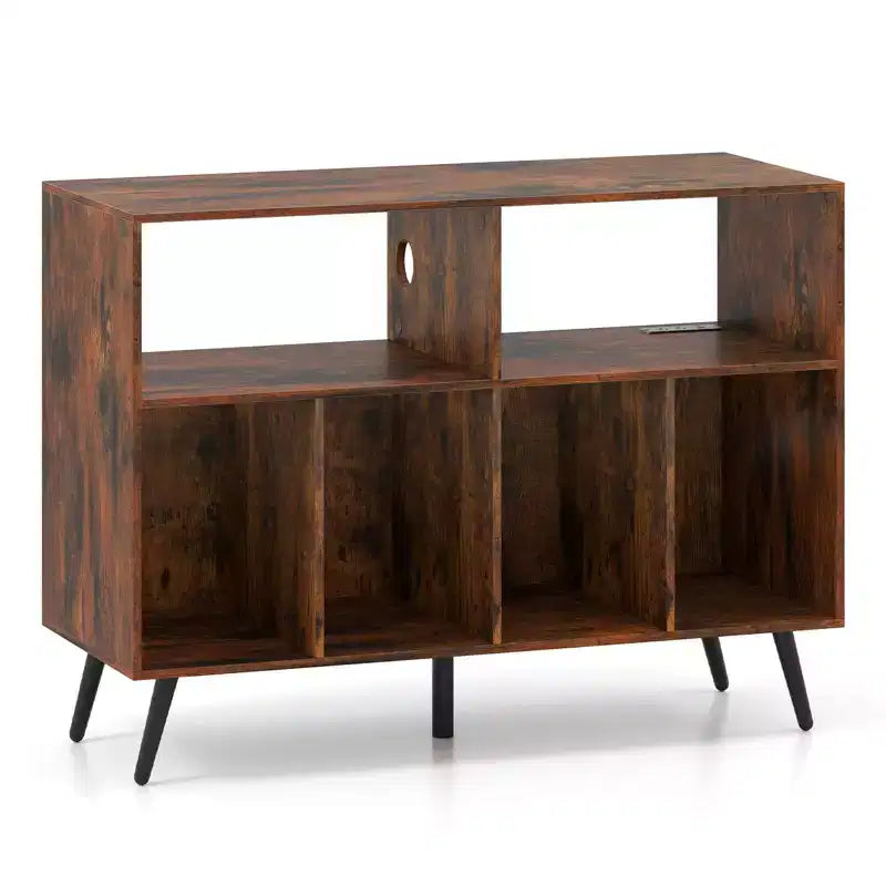 Costway Record Player Stand with Charging Station Open Shelves & Compartments Raised Legs Brown/White