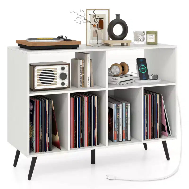 Record Player Stand with Charging Station, Open Shelves & Compartments, Raised Legs