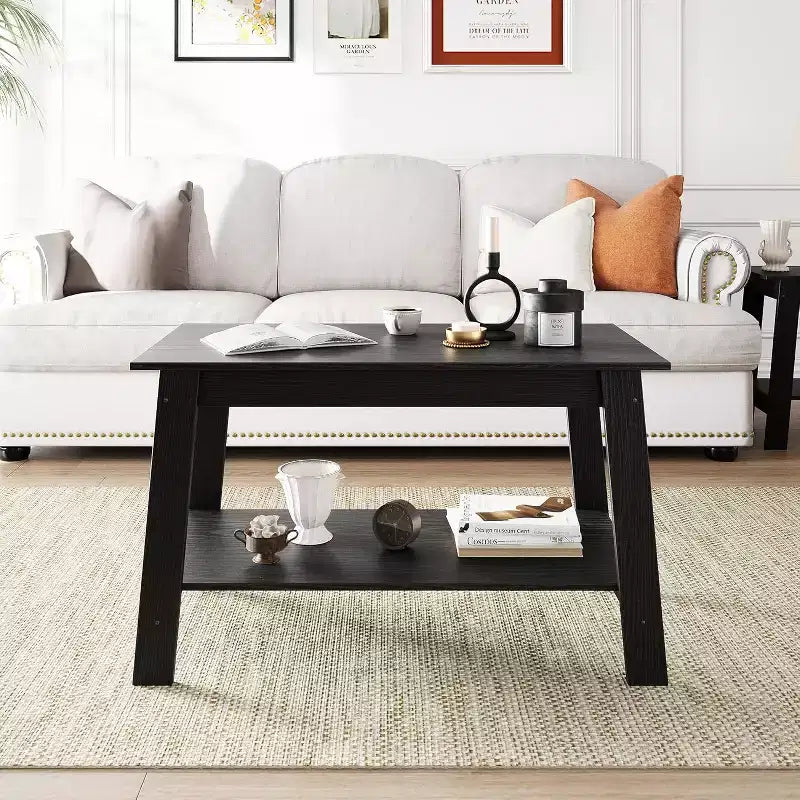 CuisinSmart Farmhouse Wood Coffee Table, with 2 Storage Shelves for Small Spaces, Modern Coffee Table