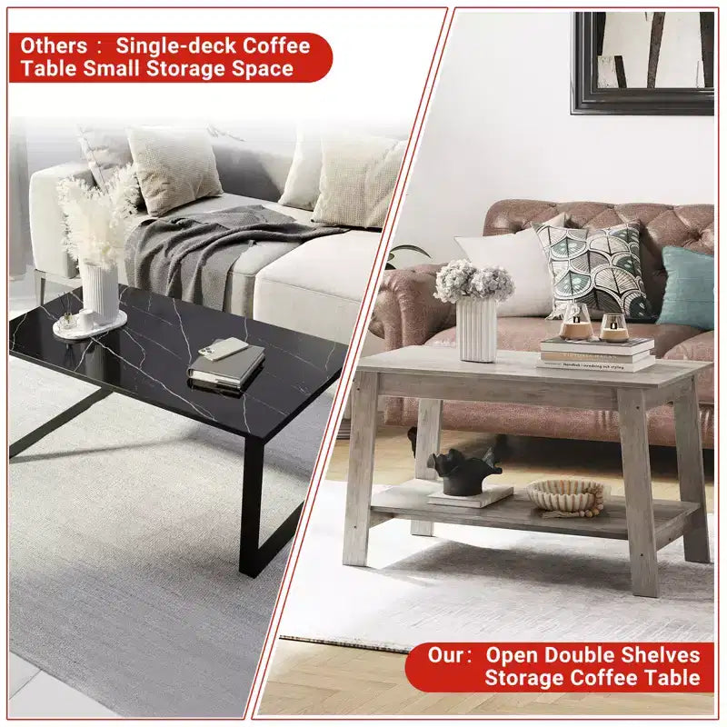 Farmhouse Wood Coffee Table with 2 Storage Shelves for Small Spaces