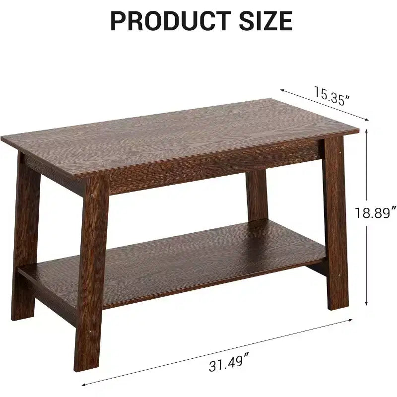 Farmhouse Wood Coffee Table with 2 Storage Shelves for Small Spaces