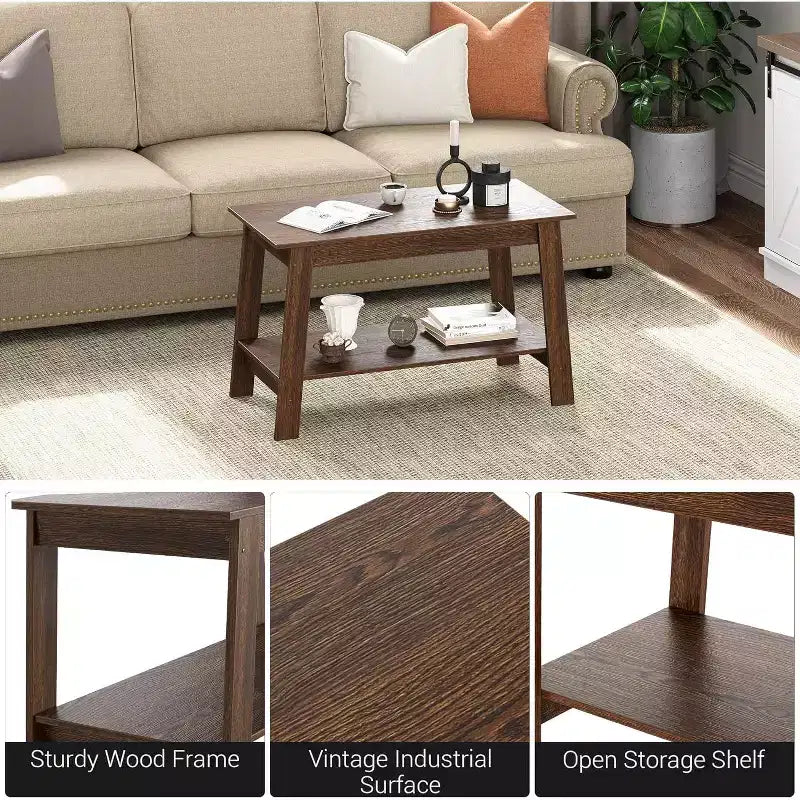 Farmhouse Wood Coffee Table with 2 Storage Shelves for Small Spaces
