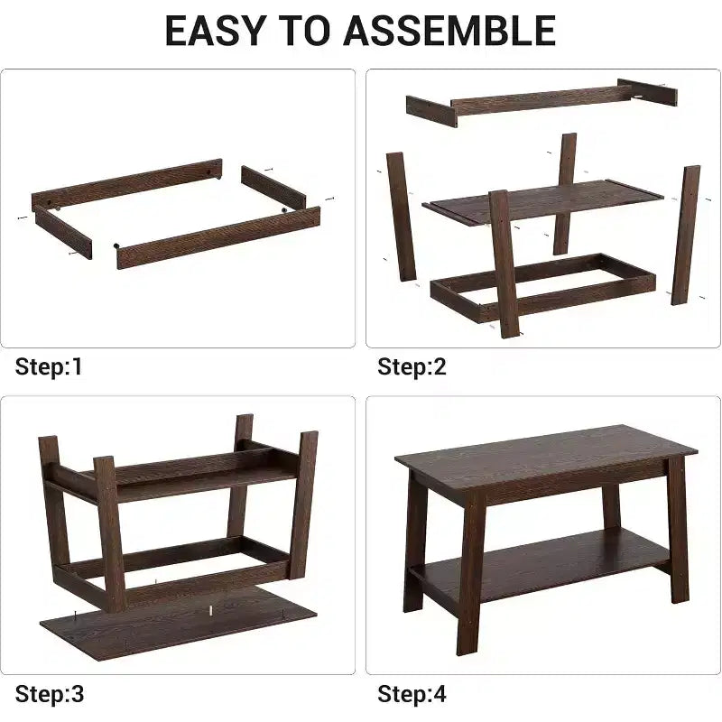 Farmhouse Wood Coffee Table with 2 Storage Shelves for Small Spaces