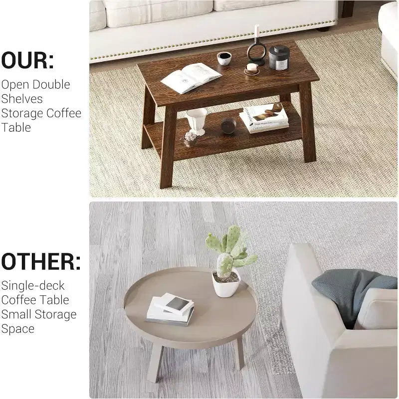 Farmhouse Wood Coffee Table with 2 Storage Shelves for Small Spaces