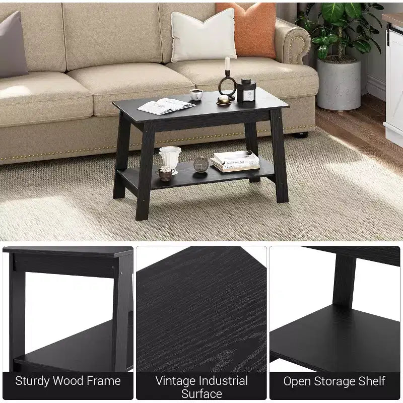 Farmhouse Wood Coffee Table with 2 Storage Shelves for Small Spaces