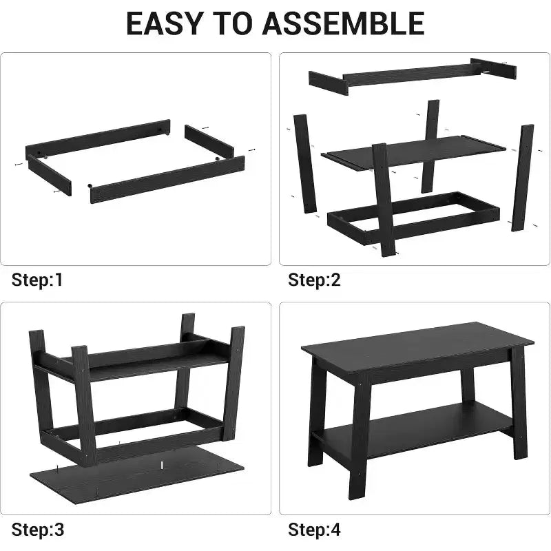 Farmhouse Wood Coffee Table with 2 Storage Shelves for Small Spaces