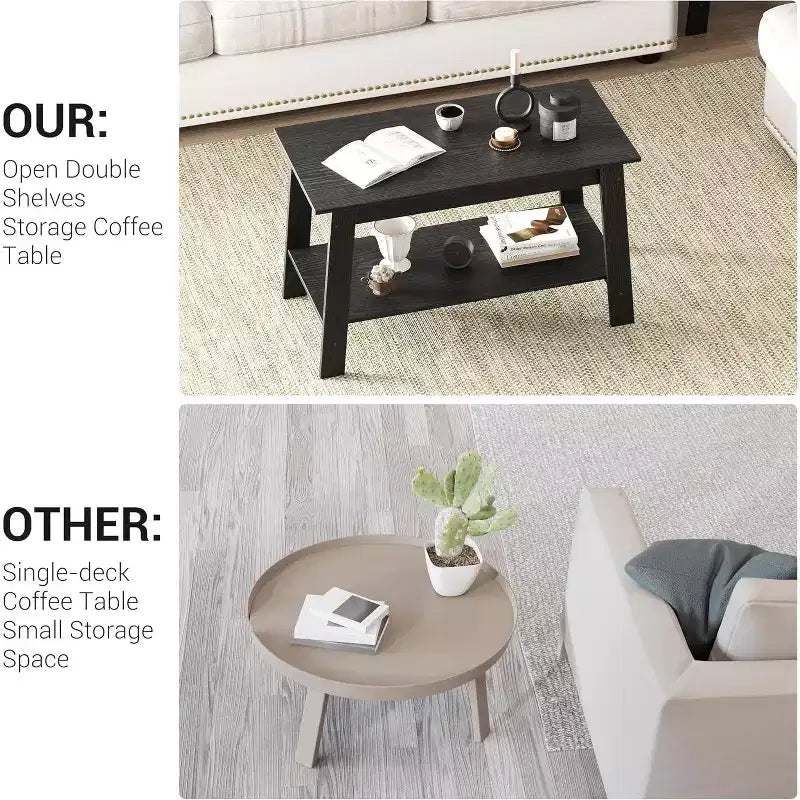 Farmhouse Wood Coffee Table with 2 Storage Shelves for Small Spaces