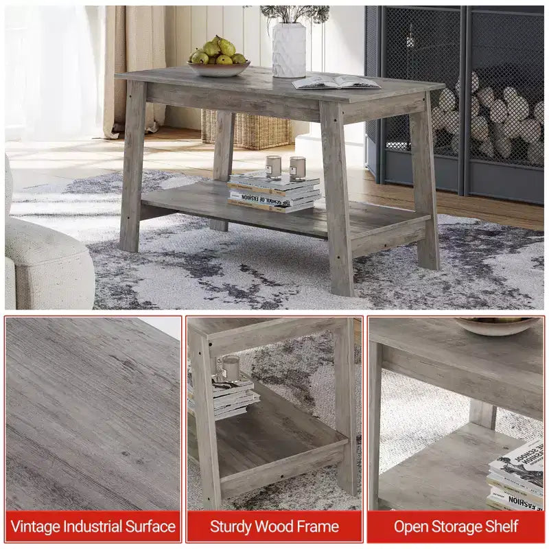 Farmhouse Wood Coffee Table with 2 Storage Shelves for Small Spaces
