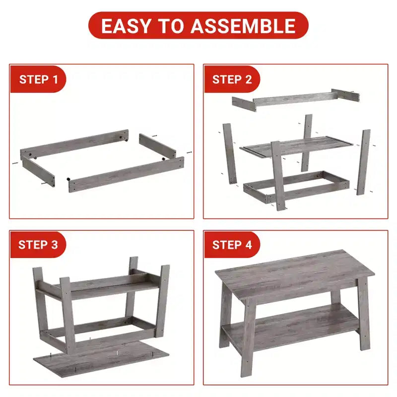 Farmhouse Wood Coffee Table with 2 Storage Shelves for Small Spaces
