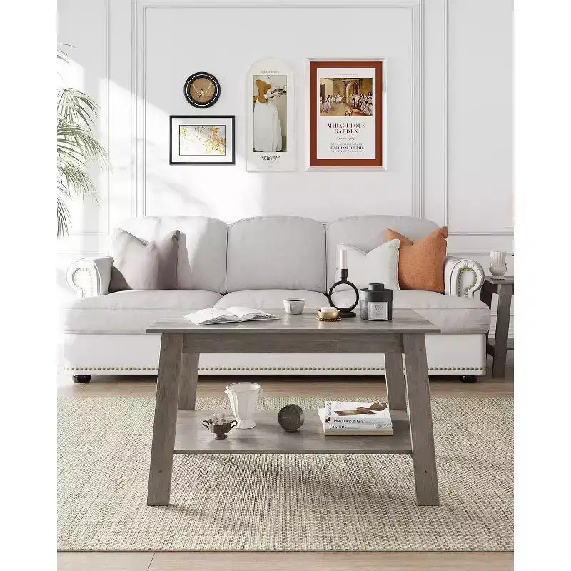 Farmhouse Wood Coffee Table with 2 Storage Shelves for Small Spaces