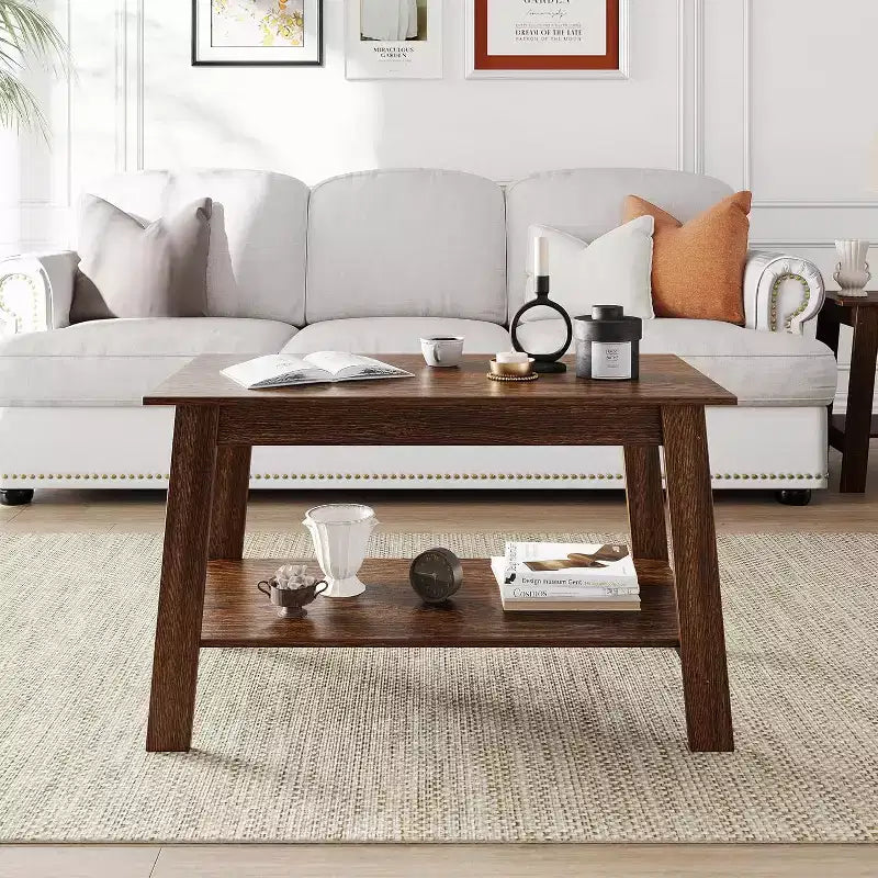 Farmhouse Wood Coffee Table with 2 Storage Shelves for Small Spaces