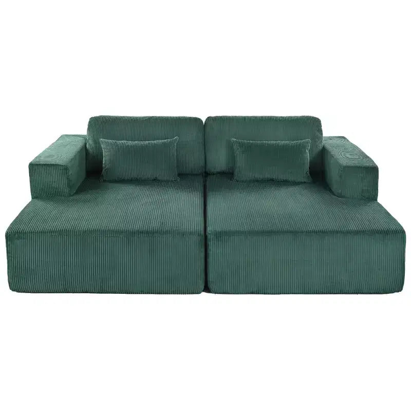 Corduroy Double Sofa Bed with 2 Pillows and Square Armrests