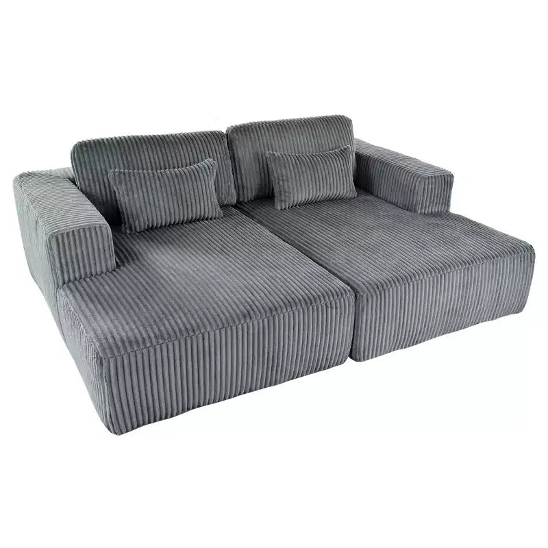 Corduroy Double Sofa Bed with 2 Pillows and Square Armrests