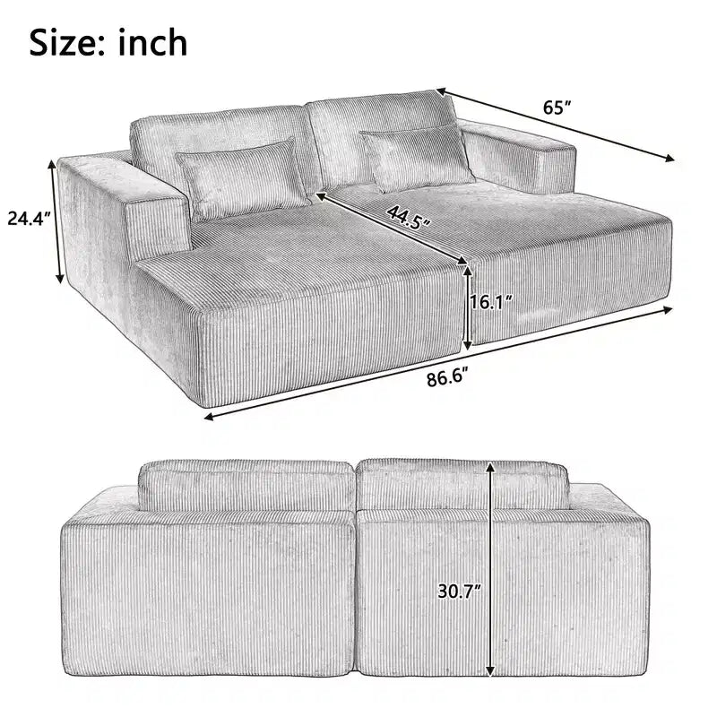 Corduroy Double Sofa Bed with 2 Pillows and Square Armrests