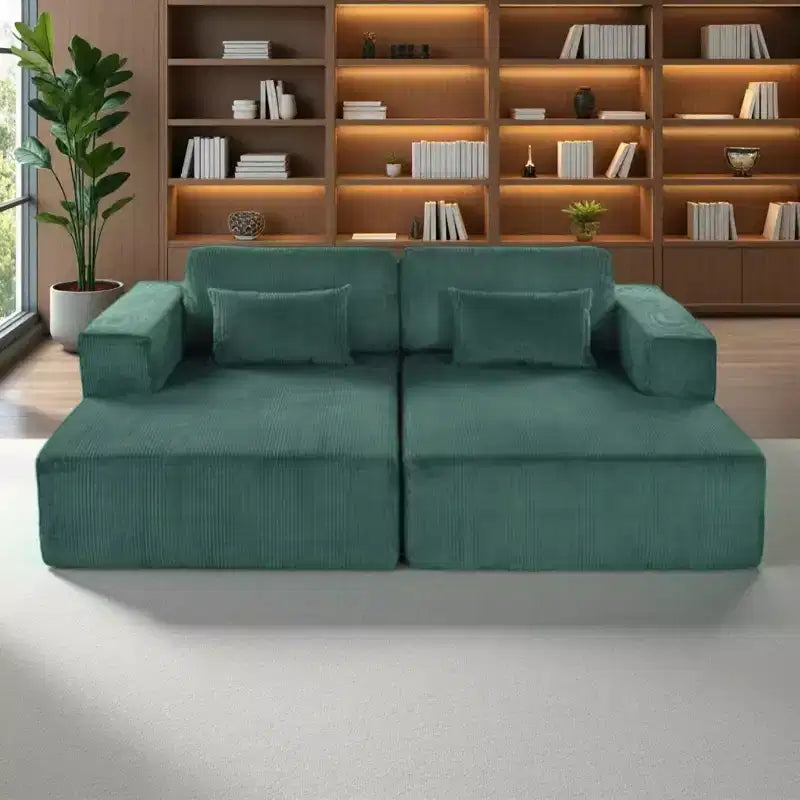 Corduroy Double Sofa Bed with 2 Pillows and Square Armrests