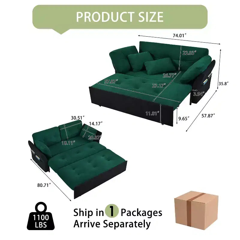 Modern Multi-Functional 74'' Chenille Convertible Queen Size Sofa Bed
