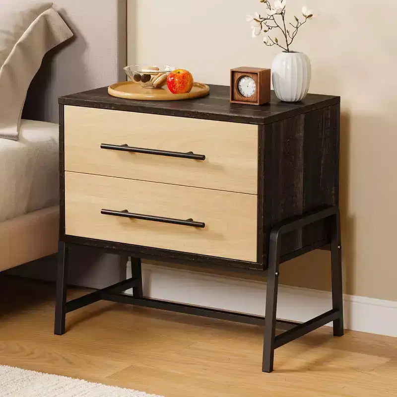 DobleePy 24 Dark Brown Farmhouse Nightstand, 2-Drawer Light Wood Side Table with Metal Legs, Bedroom Living Room Bedside Table