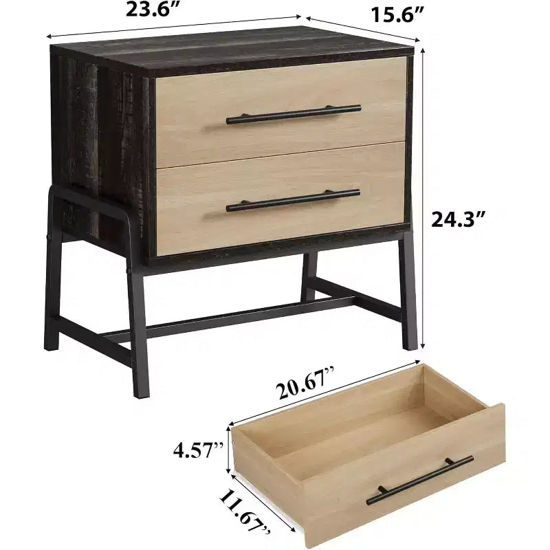 24" Dark Brown Farmhouse Nightstand, 2-Drawer Wood Side Table with Metal Legs