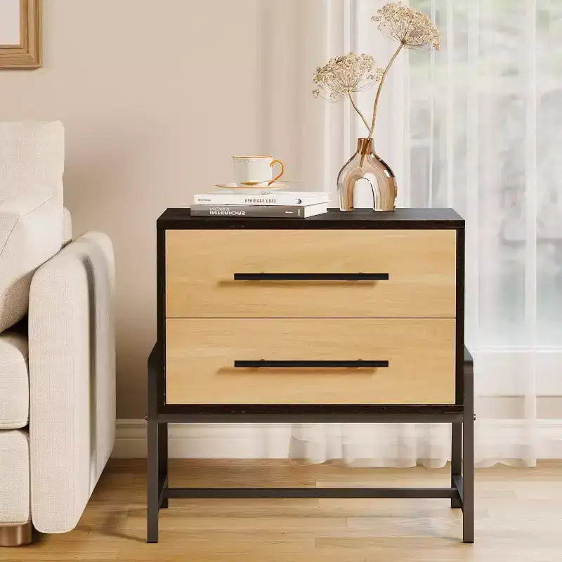 24" Dark Brown Farmhouse Nightstand, 2-Drawer Wood Side Table with Metal Legs