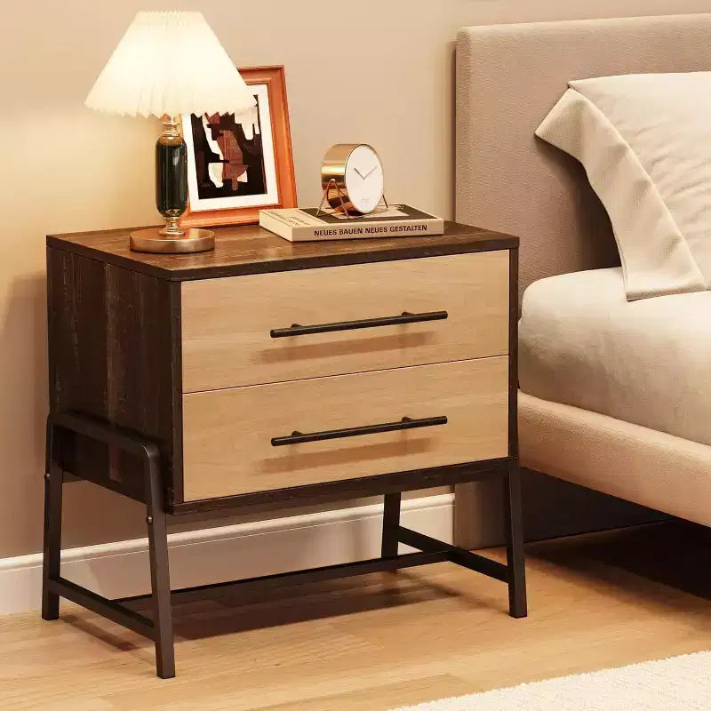 24" Dark Brown Farmhouse Nightstand, 2-Drawer Wood Side Table with Metal Legs
