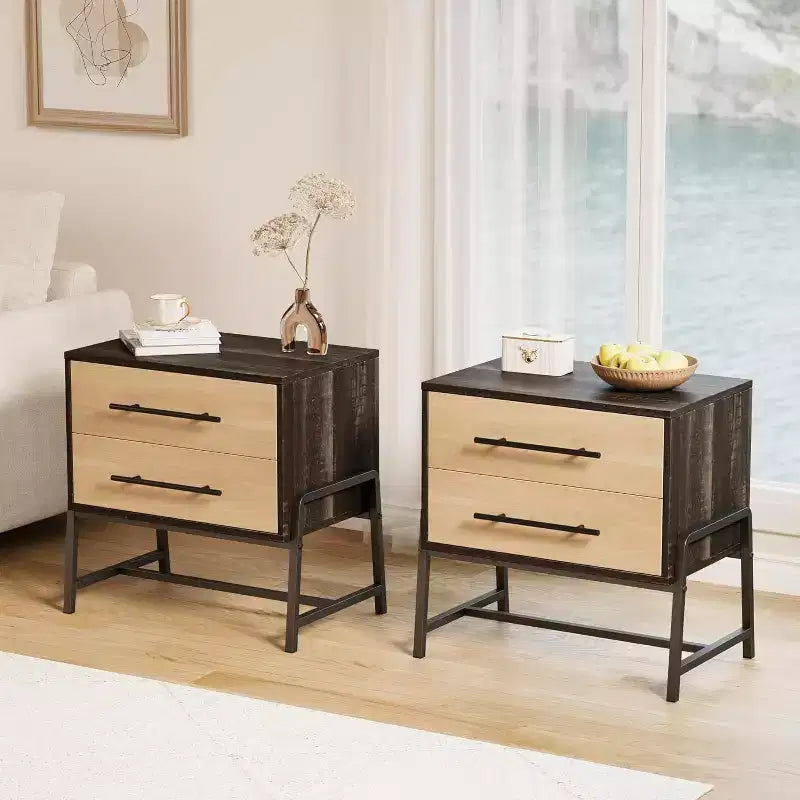 24" Dark Brown Farmhouse Nightstand, 2-Drawer Wood Side Table with Metal Legs