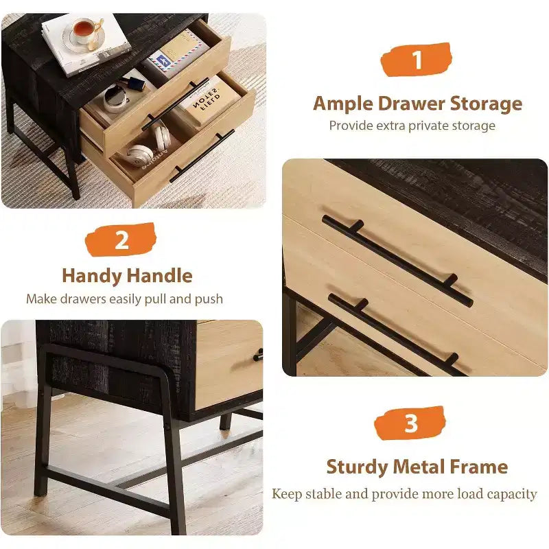 24" Dark Brown Farmhouse Nightstand, 2-Drawer Wood Side Table with Metal Legs