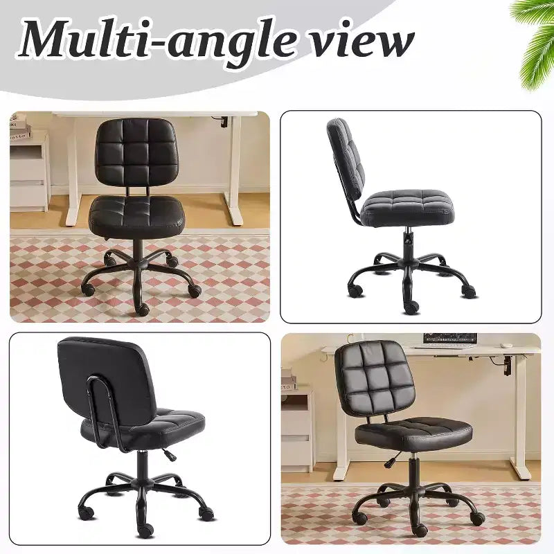 Compact Small Desk Chair, Cute Armless Vanity Chair with Wheels, Low Back, Height Adjustable Task Chair for Small Spaces, PU Leather