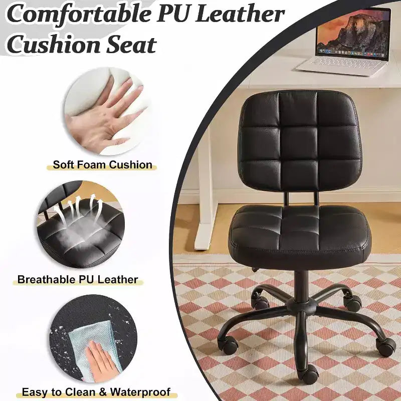 Compact Small Desk Chair, Cute Armless Vanity Chair with Wheels, Low Back, Height Adjustable Task Chair for Small Spaces, PU Leather