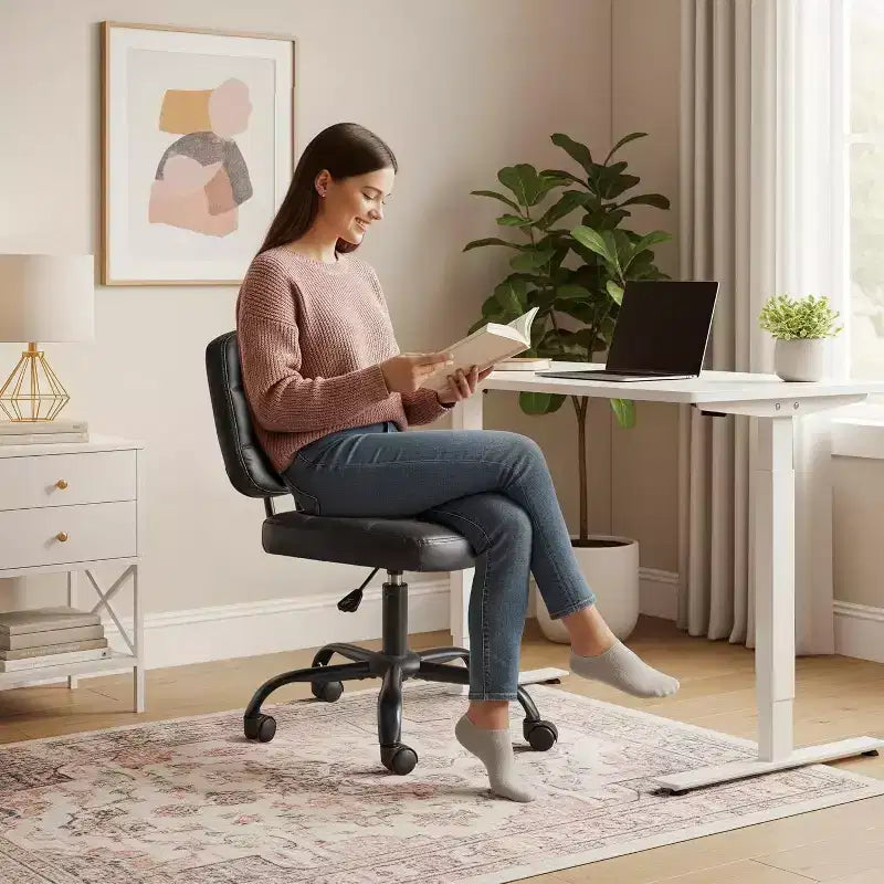 Compact Small Desk Chair, Cute Armless Vanity Chair with Wheels, Low Back, Height Adjustable Task Chair for Small Spaces, PU Leather