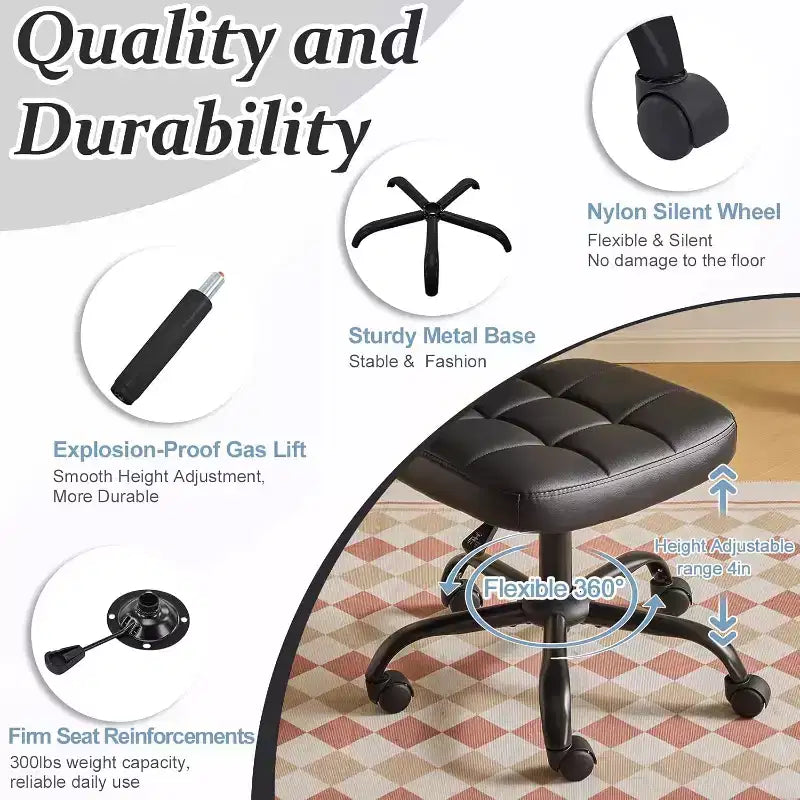 Compact Small Desk Chair, Cute Armless Vanity Chair with Wheels, Low Back, Height Adjustable Task Chair for Small Spaces, PU Leather