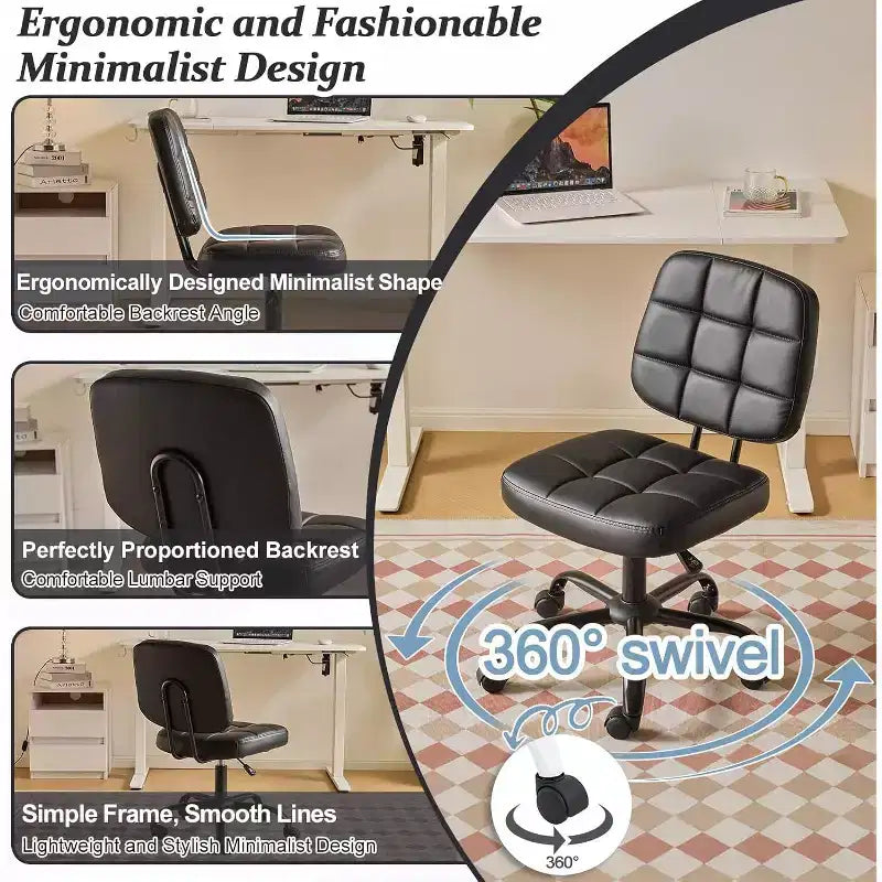 Compact Small Desk Chair, Cute Armless Vanity Chair with Wheels, Low Back, Height Adjustable Task Chair for Small Spaces, PU Leather