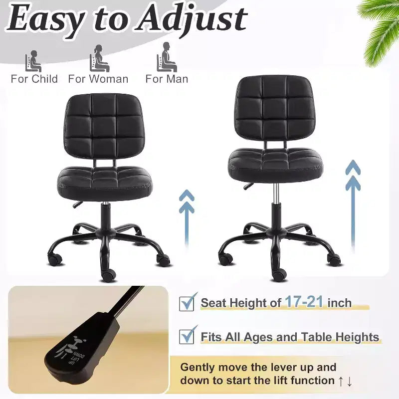 Compact Small Desk Chair, Cute Armless Vanity Chair with Wheels, Low Back, Height Adjustable Task Chair for Small Spaces, PU Leather