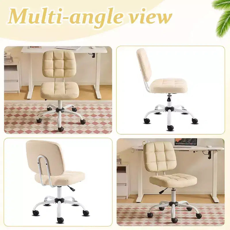 Compact Small Desk Chair, Cute Armless Vanity Chair with Wheels, Low Back, Height Adjustable Task Chair for Small Spaces, PU Leather