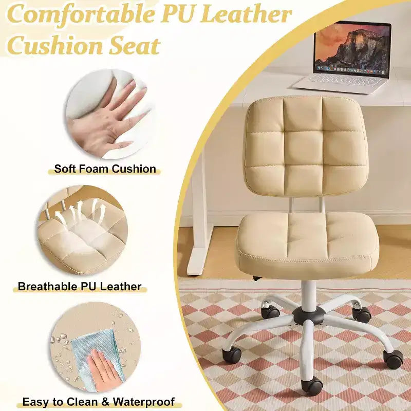 Compact Small Desk Chair, Cute Armless Vanity Chair with Wheels, Low Back, Height Adjustable Task Chair for Small Spaces, PU Leather