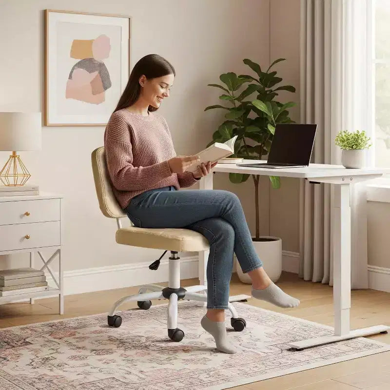 Compact Small Desk Chair, Cute Armless Vanity Chair with Wheels, Low Back, Height Adjustable Task Chair for Small Spaces, PU Leather