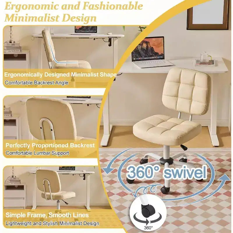 Compact Small Desk Chair, Cute Armless Vanity Chair with Wheels, Low Back, Height Adjustable Task Chair for Small Spaces, PU Leather