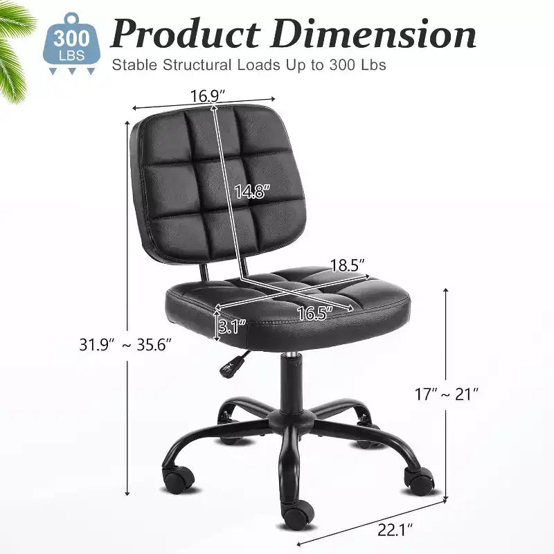 Compact Small Desk Chair, Cute Armless Vanity Chair with Wheels, Low Back, Height Adjustable Task Chair for Small Spaces, PU Leather