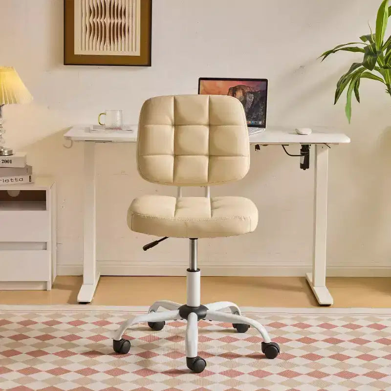 Compact Small Desk Chair, Cute Armless Vanity Chair with Wheels, Low Back, Height Adjustable Task Chair for Small Spaces, PU Leather