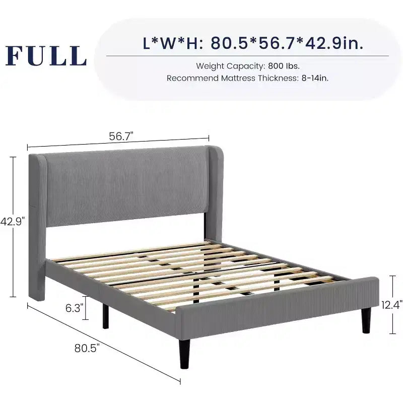 Full / King Upholstered Bed Frame with Headboard, Platform Bed with Wood Slats, No Box Spring Needed, Easy Assembly