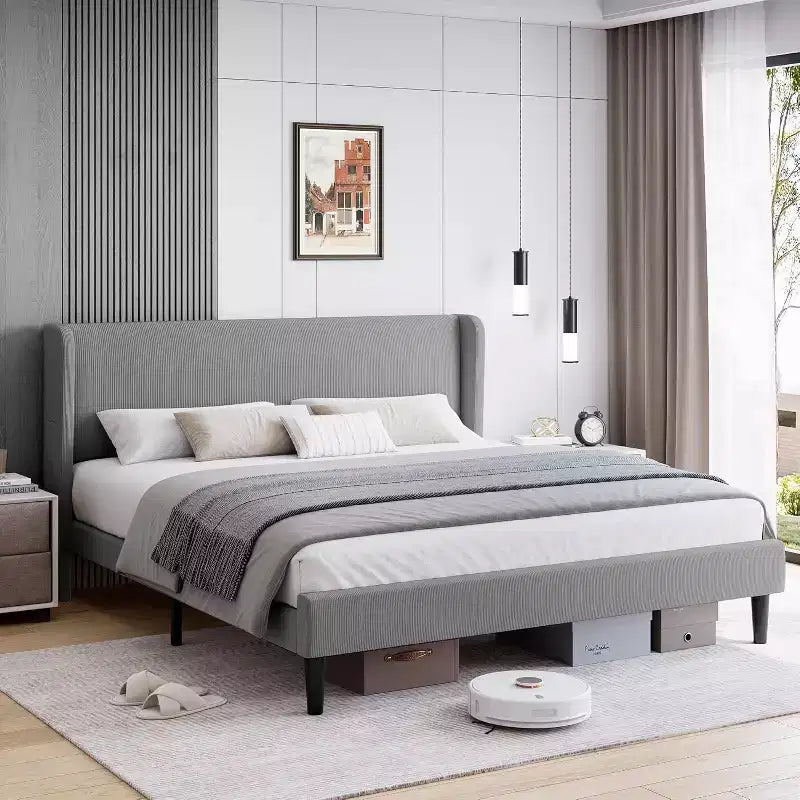 Full / King Upholstered Bed Frame with Headboard, Platform Bed with Wood Slats, No Box Spring Needed, Easy Assembly