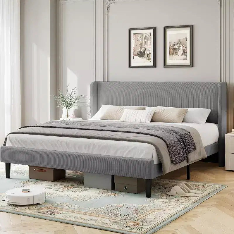 Full / King Upholstered Bed Frame with Headboard, Platform Bed with Wood Slats, No Box Spring Needed, Easy Assembly