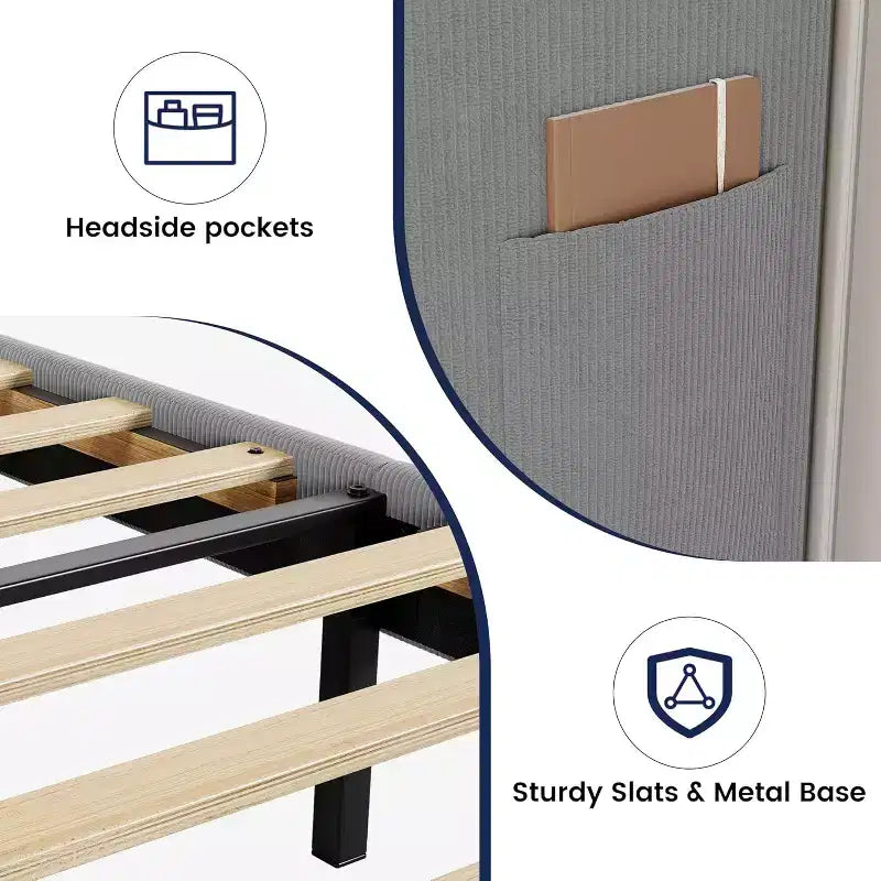 Full / King Upholstered Bed Frame with Headboard, Platform Bed with Wood Slats, No Box Spring Needed, Easy Assembly