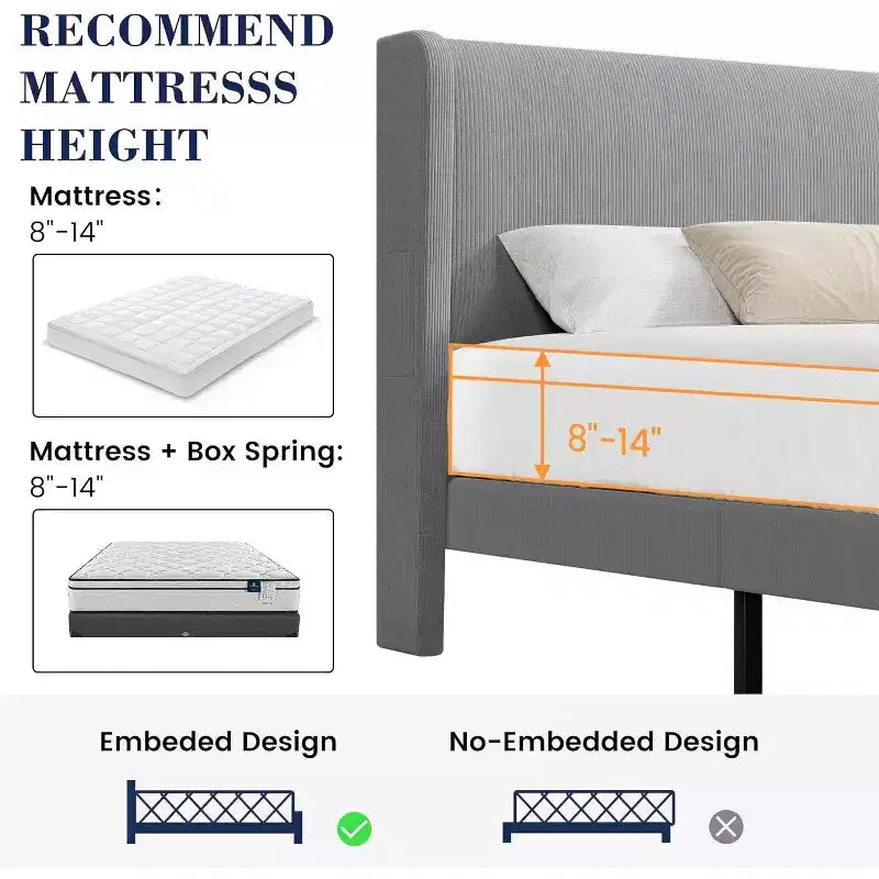 Full / King Upholstered Bed Frame with Headboard, Platform Bed with Wood Slats, No Box Spring Needed, Easy Assembly
