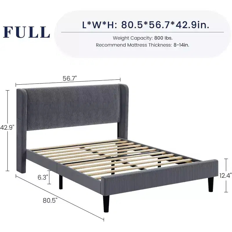 Full / King Upholstered Bed Frame with Headboard, Platform Bed with Wood Slats, No Box Spring Needed, Easy Assembly