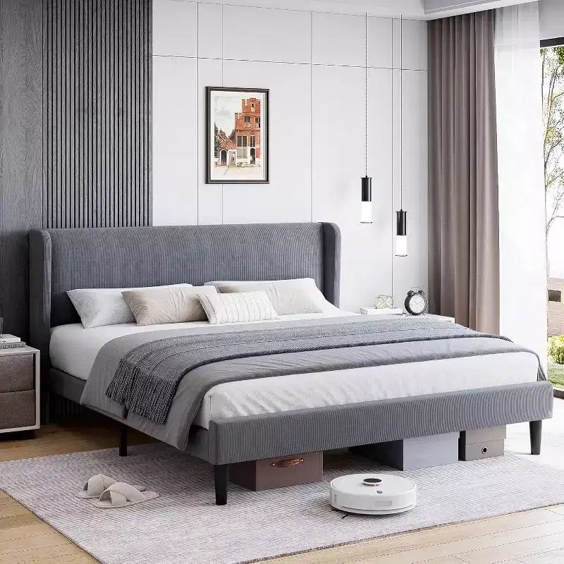 Full / King Upholstered Bed Frame with Headboard, Platform Bed with Wood Slats, No Box Spring Needed, Easy Assembly