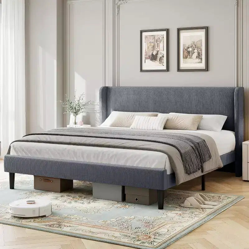 Full / King Upholstered Bed Frame with Headboard, Platform Bed with Wood Slats, No Box Spring Needed, Easy Assembly