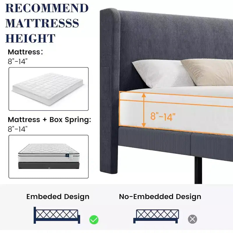 Full / King Upholstered Bed Frame with Headboard, Platform Bed with Wood Slats, No Box Spring Needed, Easy Assembly