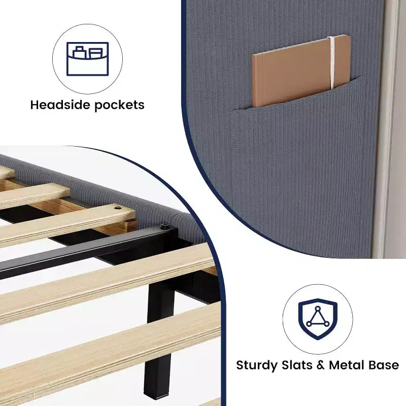Full / King Upholstered Bed Frame with Headboard, Platform Bed with Wood Slats, No Box Spring Needed, Easy Assembly