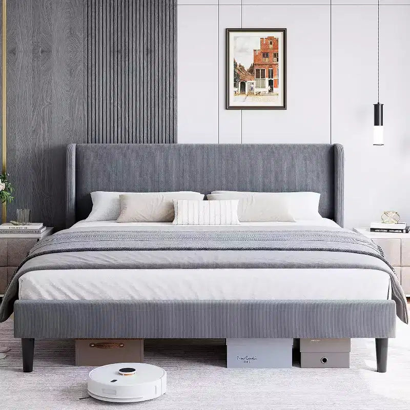 DobleePy Full / King Upholstered Bed Frame with Headboard, Platform Bed with Wood Slats, No Box Spring Needed, Easy Assembly