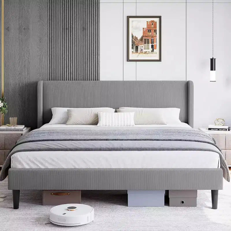 Full / King Upholstered Bed Frame with Headboard, Platform Bed with Wood Slats, No Box Spring Needed, Easy Assembly